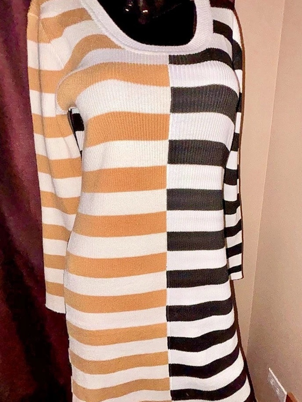 Striped maxi Dress in Tan & Black  size Medium Like New